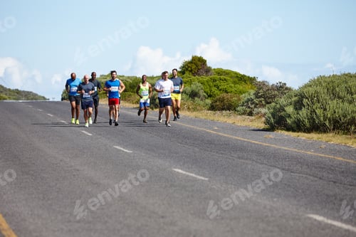 Preview: Shot of a group of young men running a marathon