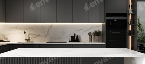 Preview: Marble kitchen countertop with copy space over gray modern elegance kitchen, 3d render