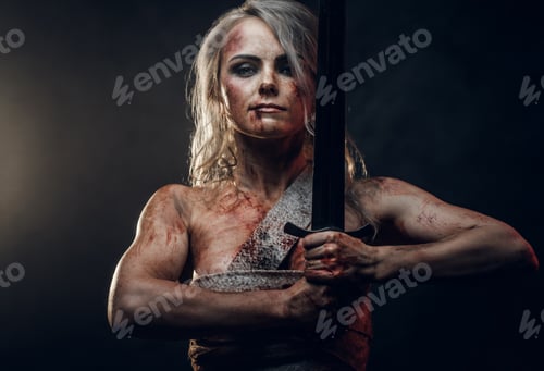 Preview: Naked Fantasy woman warrior wearing rag cloth stained