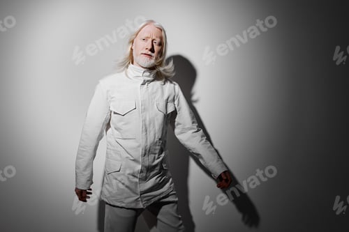 Preview: Portrait of an elderly man with long white hair in a white outfit against a grey background
