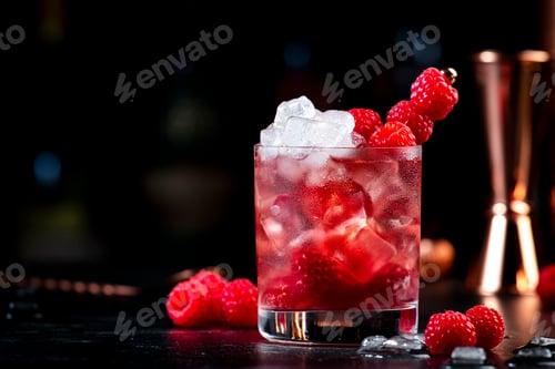 Preview: Summer alcoholic cocktail with mashed raspberries, gin, vodka, soda, and crushed ice