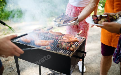 Preview: Assorted meat from chicken, pork and various vegetables on barbecue grill