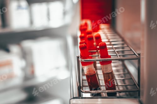 Preview: Test tubes with blood, for the control of antibodies, in a refrigerator of an intensive care unit.