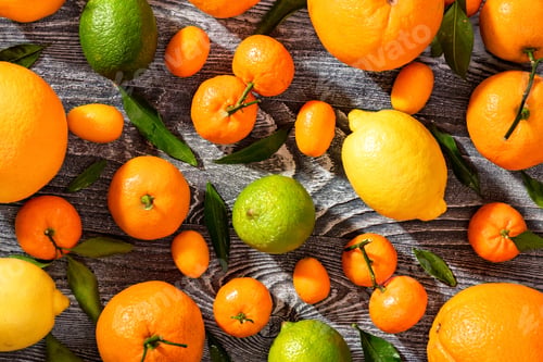 Preview: Close-up of various citrus fruits. Top view
