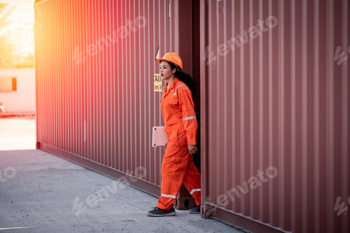 Preview: Engineers wearing safe uniform with radio communication working in the construction container dock y