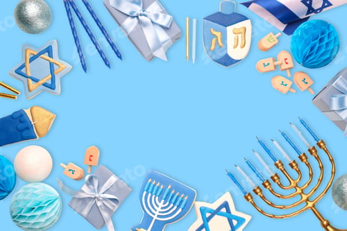 Preview: Hanukkah candles, dreidels, and gifts on a blue surface
