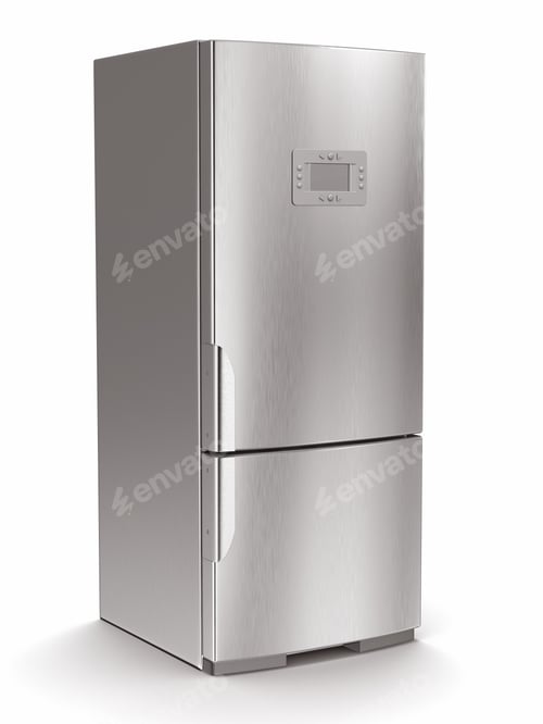 Preview: Modern Silver Refrigerator Appliance on a White Background