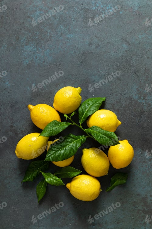 Preview: Fresh lemons with leaves, summer citrus lemonade ingredient