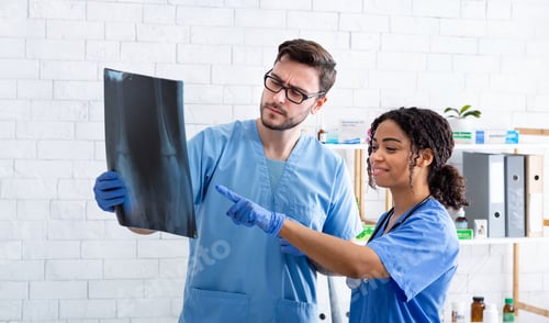 Preview: Pet xray service. Professional veterinarians reading animal radiograph at hospital