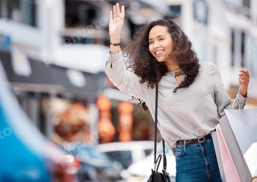 Preview: Urban woman, calling taxi and retail bags after positive shopping trip in a busy city. Young girl i