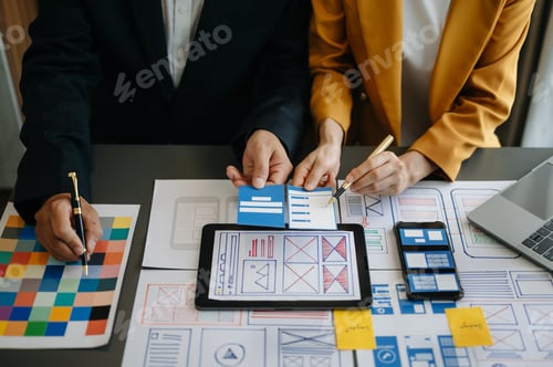 Preview: UX graphic designer planning application process development prototype wireframe for web