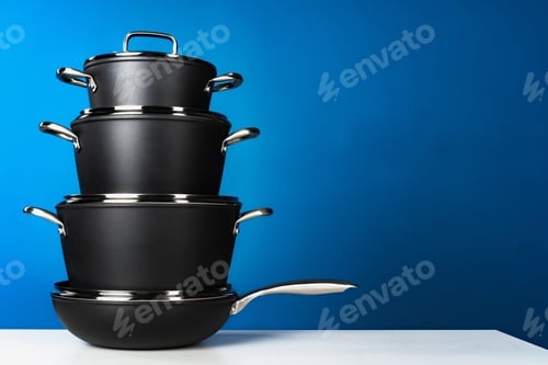 Preview: Set of black cookware against blue background