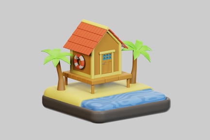Preview: Tropical house on a wooden platform surrounded by palm trees and water