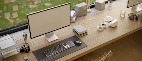 Preview: Modern office desk workspace with computer mockup, office supplies and decor on wood table