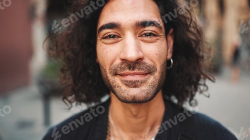 Preview: Young attractive italian guy with long curly hair and stubble looks into the camera and smiles