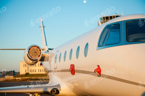 Preview: Private airplane. Close-up of jet airplane is landing in airport