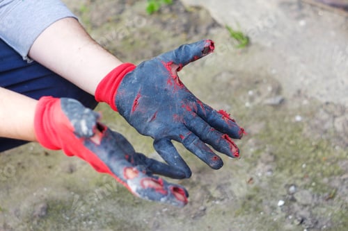Preview: worn dirty and leaky gloves. Open palms of hands in worn workers gloves, protection against damage d