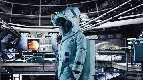 Preview: Astronaut checks wrist device inside spacecraft doing human expansion in space