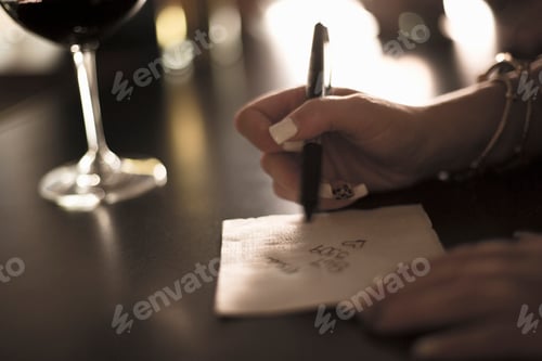 Preview: Close up of young woman writing her phone number on a napkin in bar