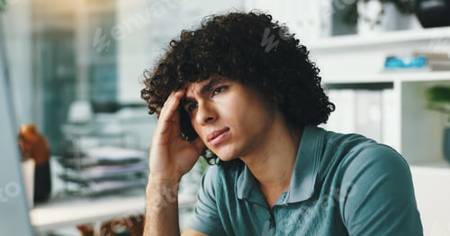 Preview: Office, creative man and stress with headache for deadline, anxiety and burnout at creative agency.