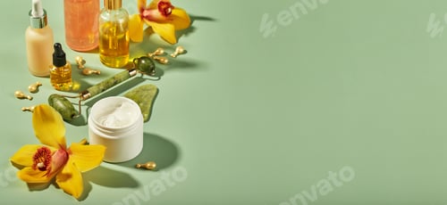Preview: Cosmetic care products in glass bottles with orchid flowers - serums, cream, gel, oils. Concept for