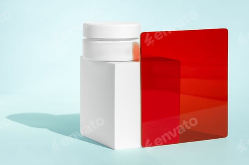 Preview: Lotion pot, face mask showcase presentation. Organic science concept, science-based skincare. White