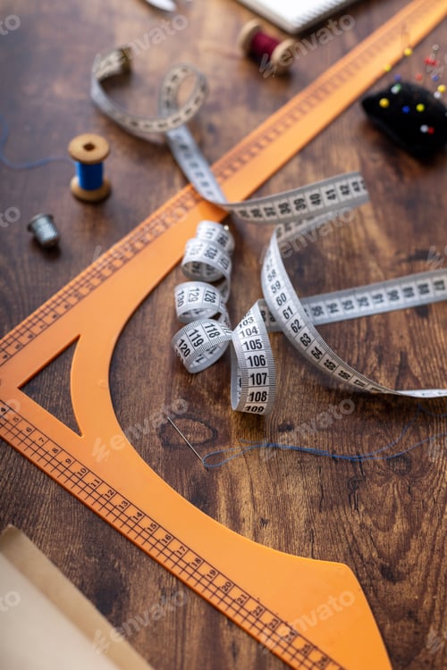 Preview: tailor or sewing accessories and supplies or tools at wooden table,