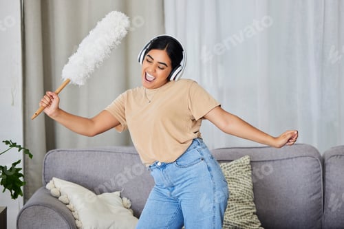 Preview: Music, dance and cleaning with a woman housekeeper in a home alone for hygiene while having fun. Ra