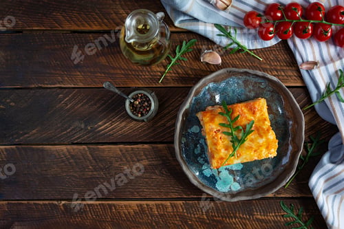 Preview: Meat lasagna with bolognese sauce and bechamel sauce. Classic lasagna. Top view