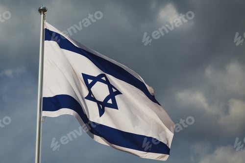 Preview: Flag of Israel, capital of Jerusalem against blue background. Fabric textured flag. Country flag