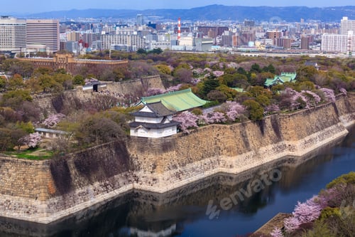 Preview: Aerial view of Osaka castle in cherry blossom season, Osaka, Japan