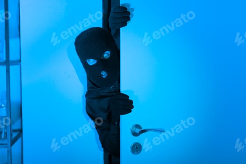 Preview: Sneaky burglar man opening a door cautiously