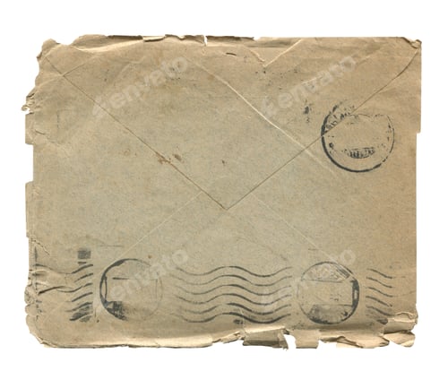 Preview: front view of old closed aged paper envelope with wrinkles and torn edges isolated on white