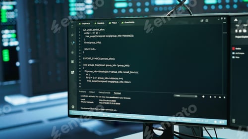 Preview: Close up on code running on computer screens in advanced server hub