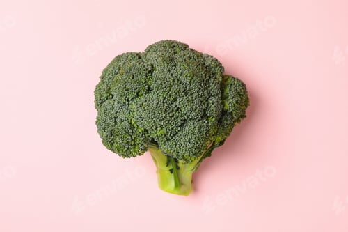 Preview: Fresh green broccoli on pink background, close up
