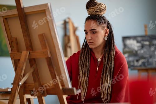Preview: Young Caucasian Woman Painting on Canvas in Art Studio Setting
