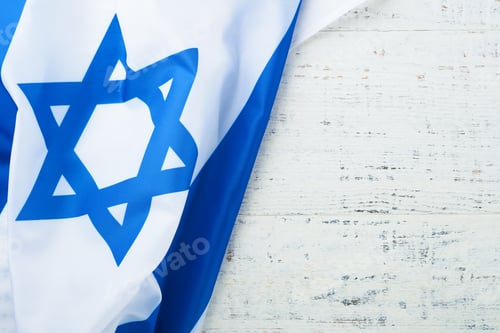 Preview: Independence Day of Israel. National Israel flag with star of David over white wooden background. Cl
