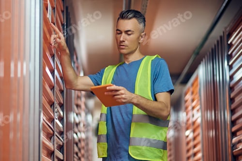 Preview: Attentive man with tablet checking data