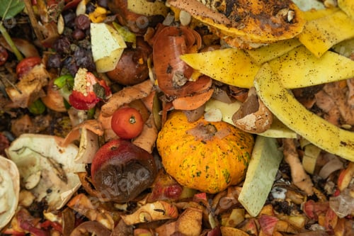 Preview: Compost pile made of organic food, leaves, vegetable and fruit waste mix