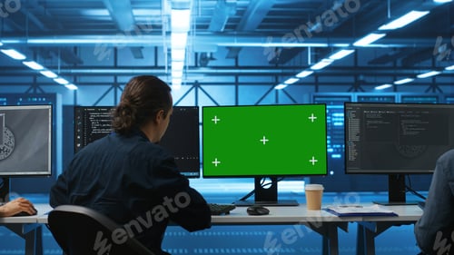 Preview: Multiethnic team of engineers overseeing server clusters using mockup monitors