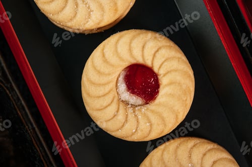 Preview: Many cookies are beautifully arranged in a plate and then placed on a wooden table.