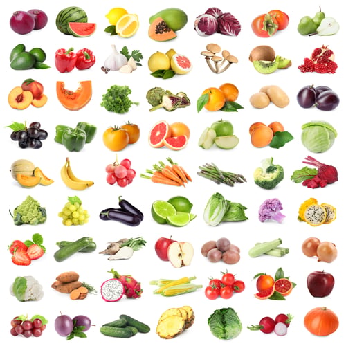 Preview: Many fresh fruits and vegetables on white background, collage design