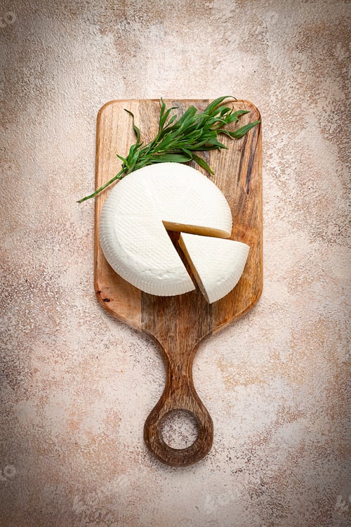 Preview: Head of Georgian cheese, Imereti variety, top view, on a cutting board,