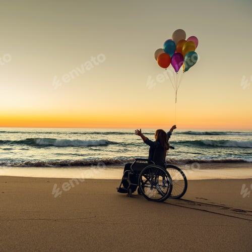 Preview: Woman in wheelchair enjoying sunset with balloons
