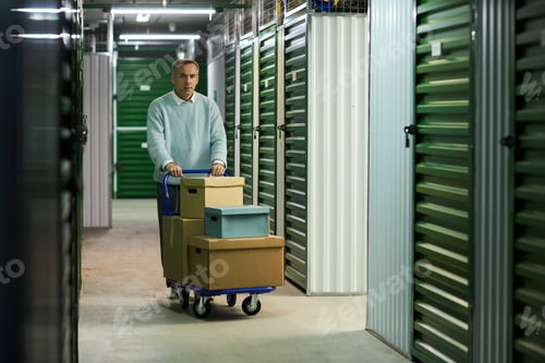 Preview: Middle Aged Man Pushing Cart with Boxes in Storage Facility Corridor