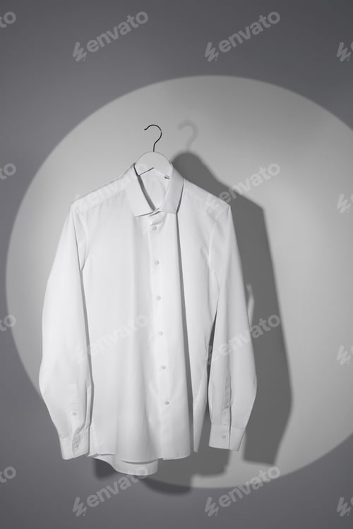 Preview: White Dress Shirt on Hanger in Spotlight