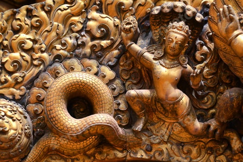 Preview: Bronze carving detail on a street door in Kathmandu, Nepal