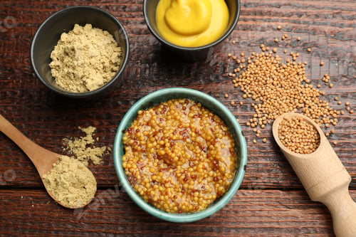 Preview: Different types of mustard on wooden table, flat lay