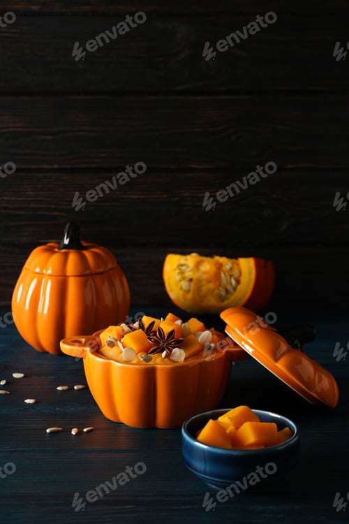 Preview: Concept of Autumn vibe food, Pumpkin porridge, space for text