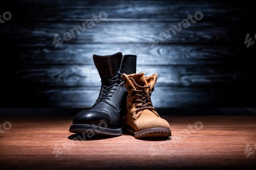 Preview: close-up shot of father and son shoes on wooden surface, Happy fathers day concept